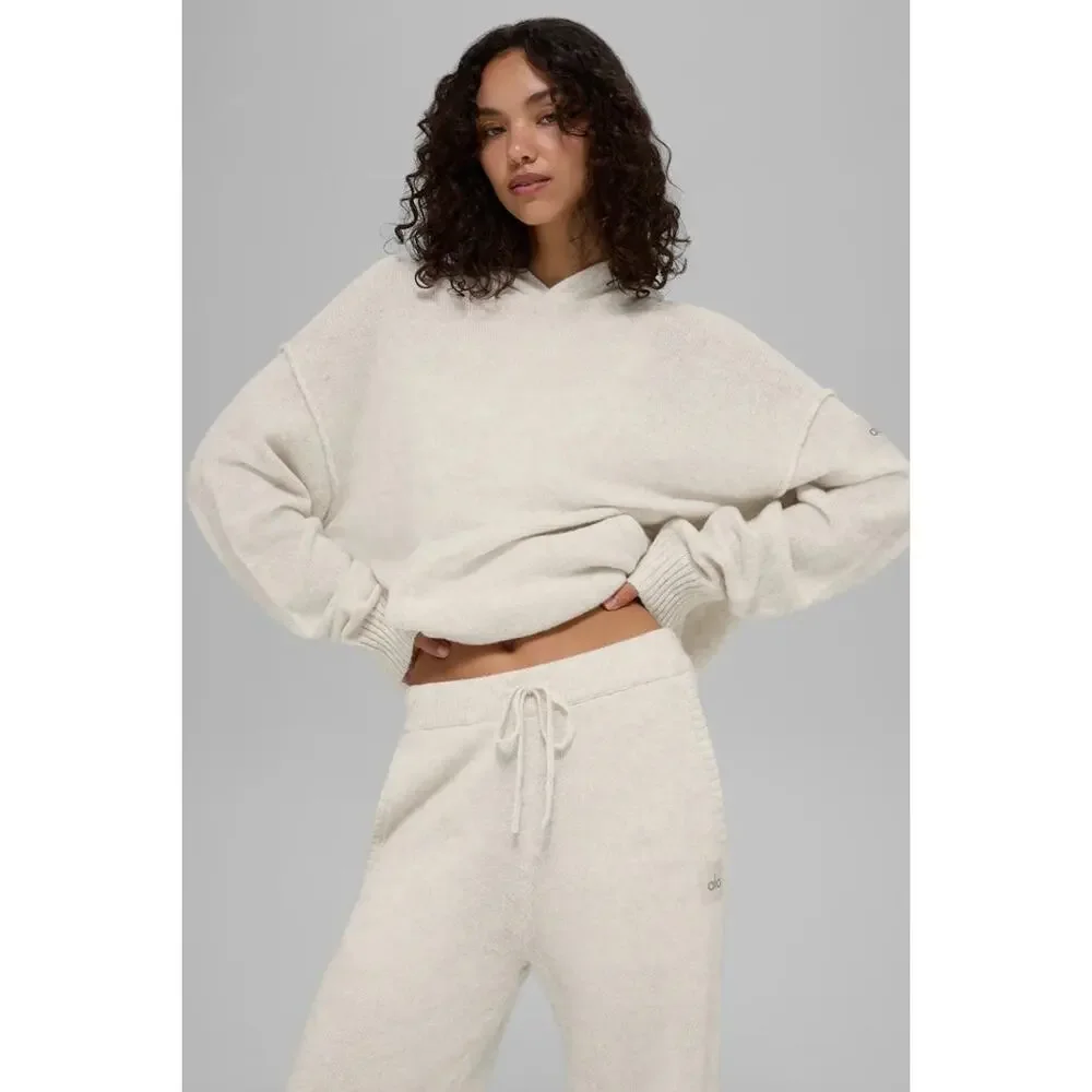NWT Alo Yoga New Class Cashmere Hoodie Bone Heather Relaxed Soft Cozy Rustic L